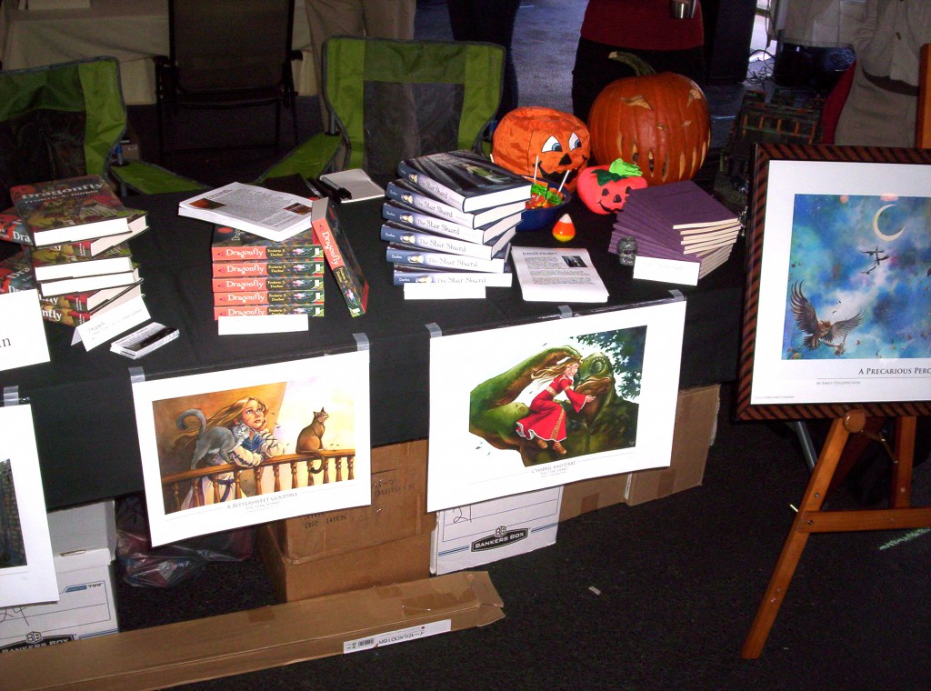 Giving away candy definitely helped to attract people, too. And so did those wonderful illustrations by Emily Fiegenschuh for "The Star Shard" in CRICKET! And that's the earliest I've ever carved a jack-o'-lantern.
