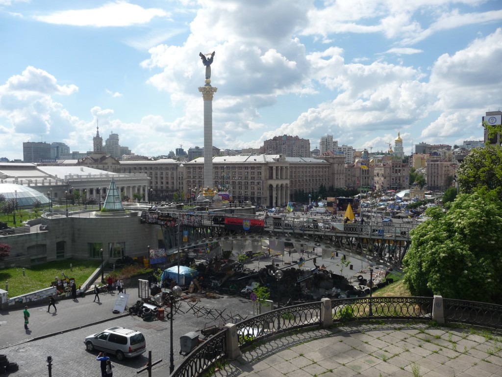 Looking down into the Maidan: at right, in the distance, the golden dome of St. Sophia's Cathedral