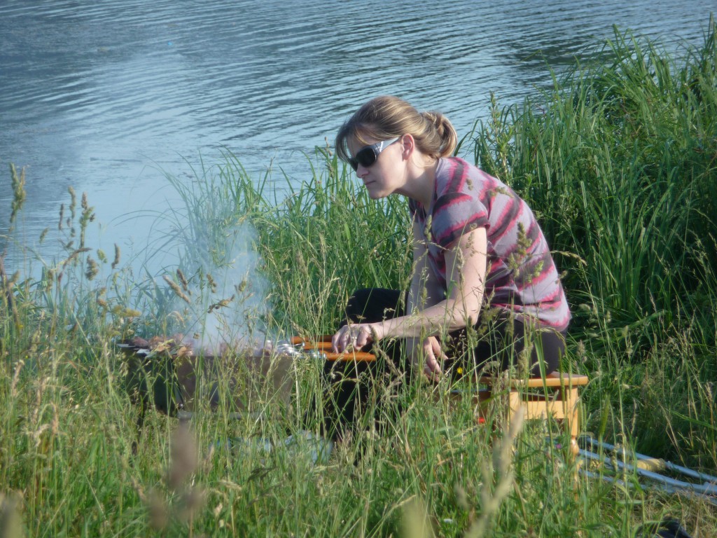 A broken ankle couldn't keep Julie from grilling her specialty, marinated pork and vegetables.