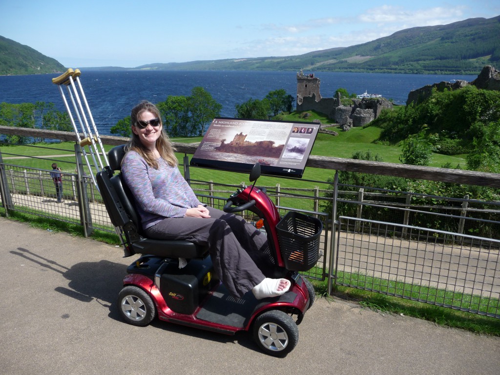 Julie got to borrow this cool little motor-scooter, and she really had fun with its various speeds, its forward and reverse.