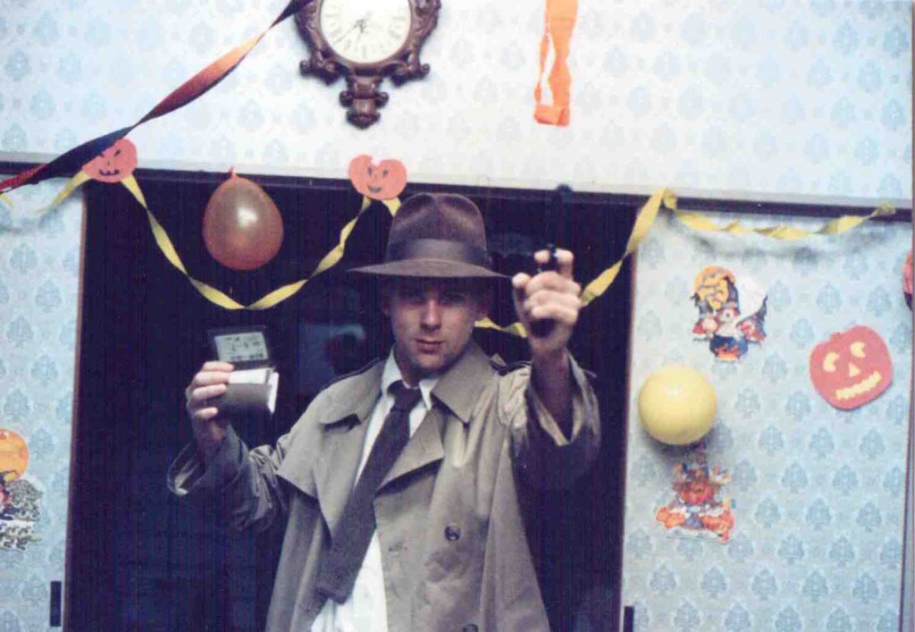 Me as Eliot Ness, Hallowe'en 1989, Niigata. Instead of a badge, I'm flashing my Tokyo train pass.